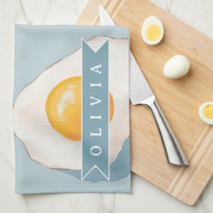Personalized Fried Egg Pattern Fun Blue Funny Kitchen Towel