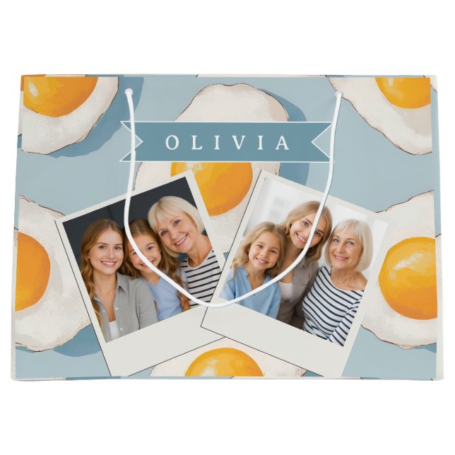 Personalized Fried Egg Pattern Fun Blue Funny Large Gift Bag (Front)