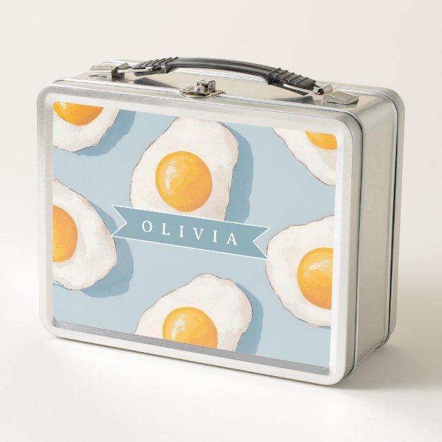Personalized Fried Egg Pattern Fun Blue Funny  Metal Lunch Box (Front)