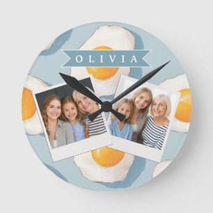 Personalized Fried Egg Pattern Fun Blue Funny Round Clock
