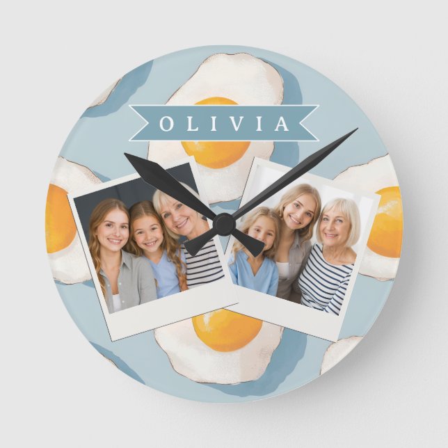 Personalized Fried Egg Pattern Fun Blue Funny Round Clock (Front)