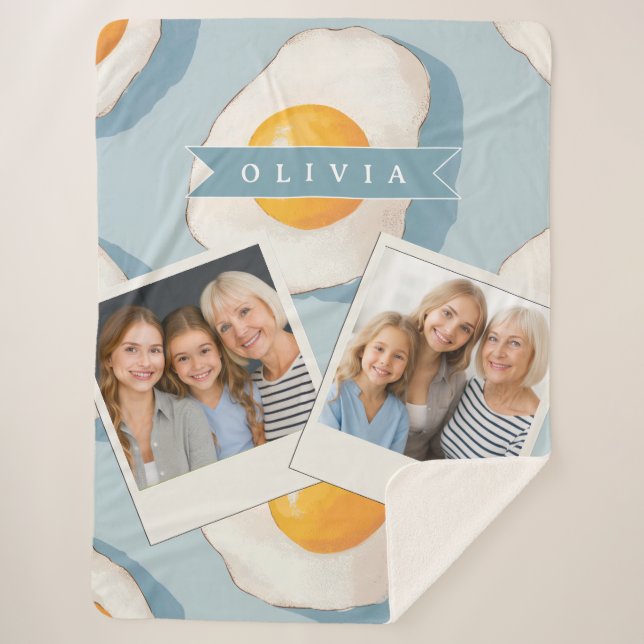 Personalized Fried Egg Pattern Fun Blue Funny Sherpa Blanket (Front)