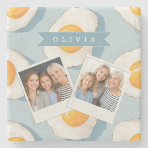 Personalized Fried Egg Pattern Fun Blue Funny Stone Coaster