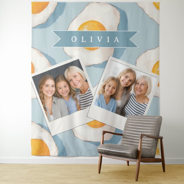 Personalized Fried Egg Pattern Fun Blue Funny Tapestry (In Situ)