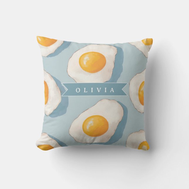 Personalized Fried Egg Pattern Fun Blue Funny Throw Pillow (Front)