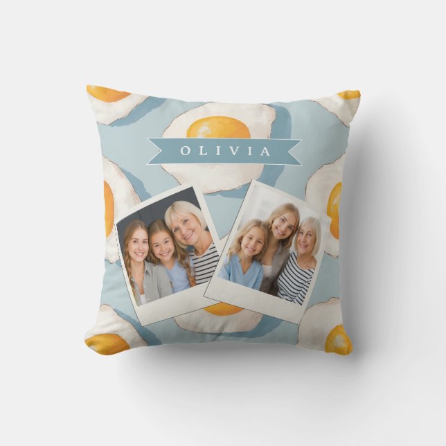 Personalized Fried Egg Pattern Fun Blue Funny Throw Pillow (Front)