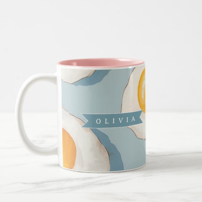 Personalized Fried Egg Pattern Fun Blue Funny  Two-Tone Coffee Mug (Left)