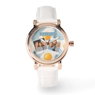 Personalized Fried Egg Pattern Fun Blue Funny Watch