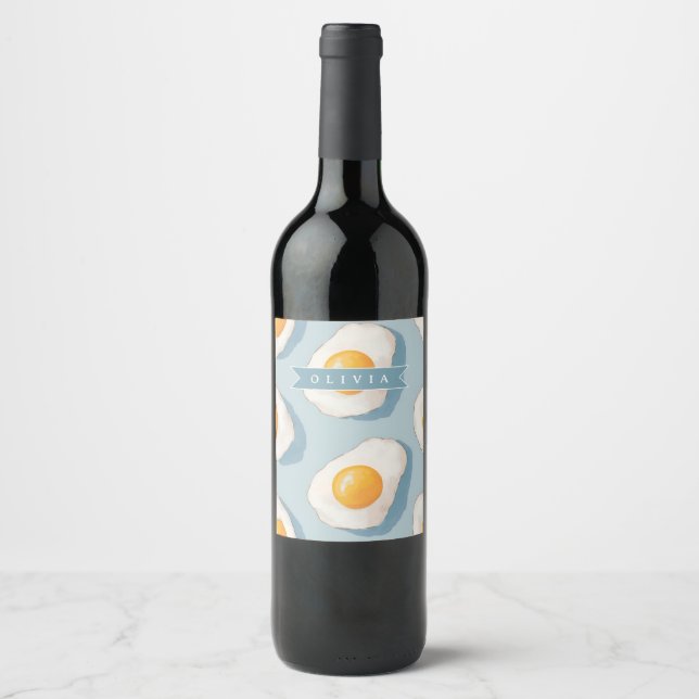 Personalized Fried Egg Pattern Fun Blue Funny Wine Label (Front)