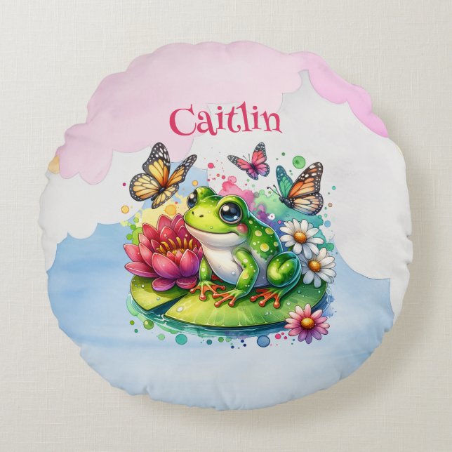 Personalized Frog, Flowers and Butterflies Baby Round Pillow (Front)