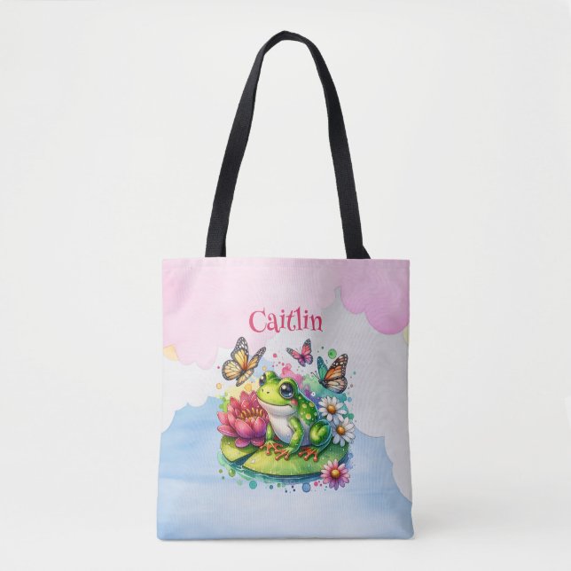 Personalized Frog, Flowers and Butterflies Baby Tote Bag (Front)