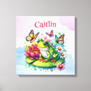 Personalized Frog, Flowers and Butterflies Canvas Print