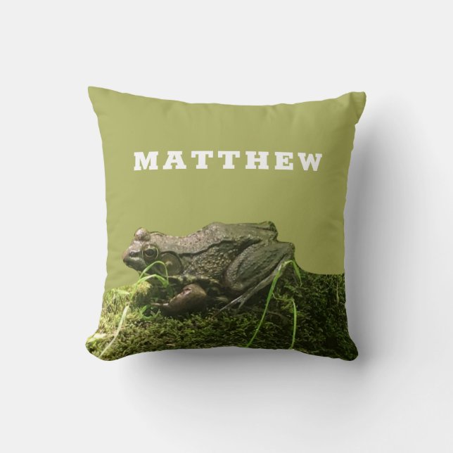 Personalized Frog on a Mossy Rock Photo Green Throw Pillow (Front)