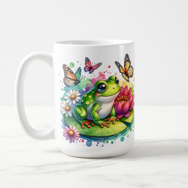 Personalized Frog with Flowers on Lilypad Coffee Mug (Left)