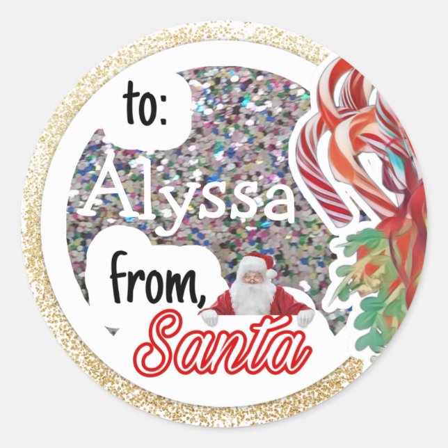 Personalized from Santa Glitter Christmas Classic Round Sticker (Front)
