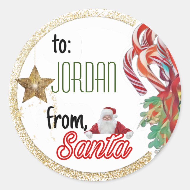 Personalized from Santa gold glitter Christmas Classic Round Sticker (Front)