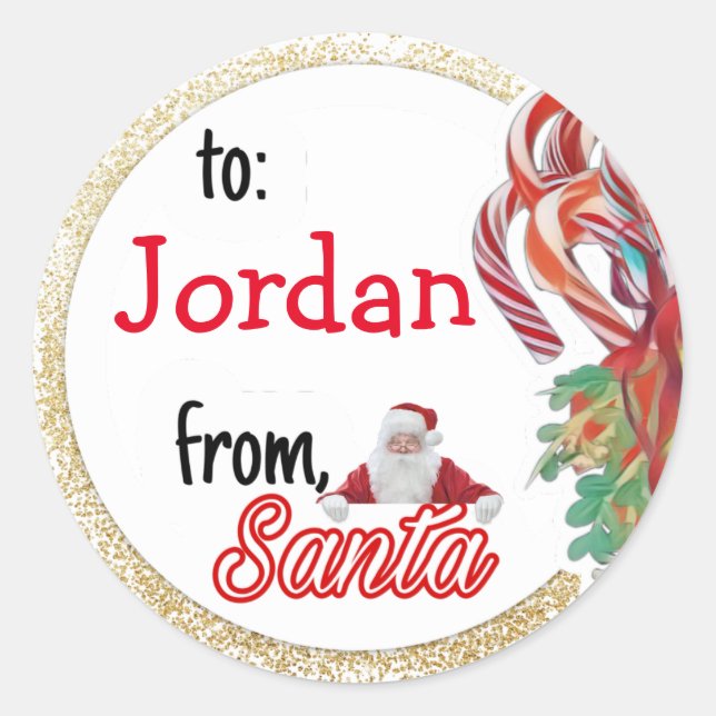 Personalized from Santa gold glitter Christmas Classic Round Sticker (Front)
