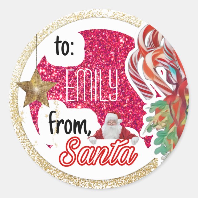 Personalized from Santa hot pink glitter Christmas Classic Round Sticker (Front)