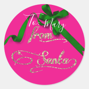 Personalized From Santa pink and green large Classic Round Sticker