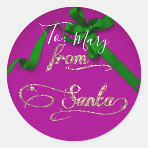 Personalized From Santa purple and green large Classic Round Sticker