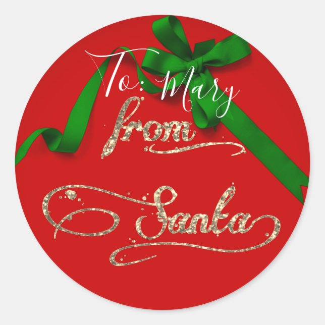 Personalized From Santa red and green large Classic Round Sticker (Front)