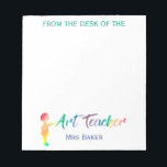 Personalized From The Desk of Art Teacher Colourfu Notepad<br><div class="desc">From The Desk of Art Teacher Rainbow Student Silhouette Notepad. Personalized watercolor silhouette of a student painting the words Art Teacher. Image in red, orange, yellow, green, blue and purple watercolor brushstroke styling. Personalize with your favourite art teacher's name for a custom gift. Practical, fun, artistic personalized gift for art...</div>