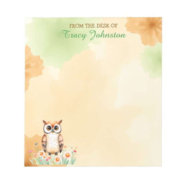 Personalized From the Desk of | Owl and Flowers Notepad (Front)
