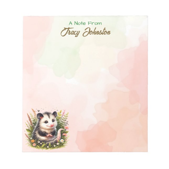 Personalized From the Desk of Watercolor Possum Notepad (Front)