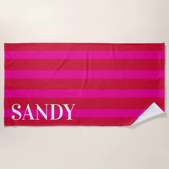 Personalized fuchsia pink stripes  beach towel (Front)