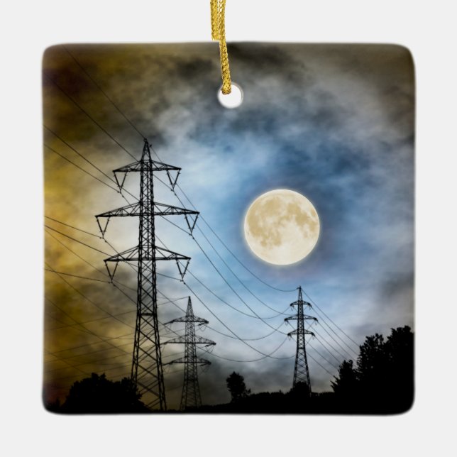 Personalized Full Moon and Power Lines Christmas Ceramic Ornament (Front)
