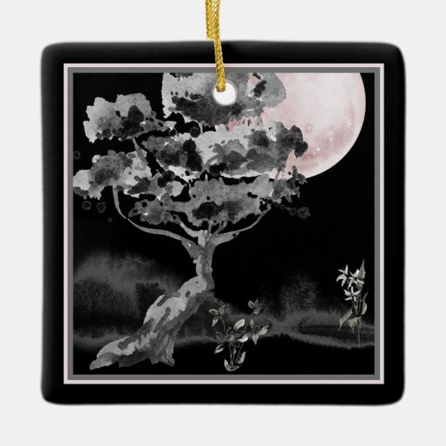 Personalized Full Moon and Tree Japanese Christmas Ceramic Ornament (Front)