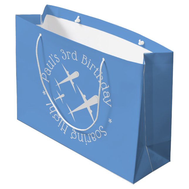 Personalized Fun Airplanes on Blue, Soaring High Large Gift Bag (Back Angled)