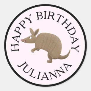Personalized fun armadillo happy birthday cartoon classic round sticker