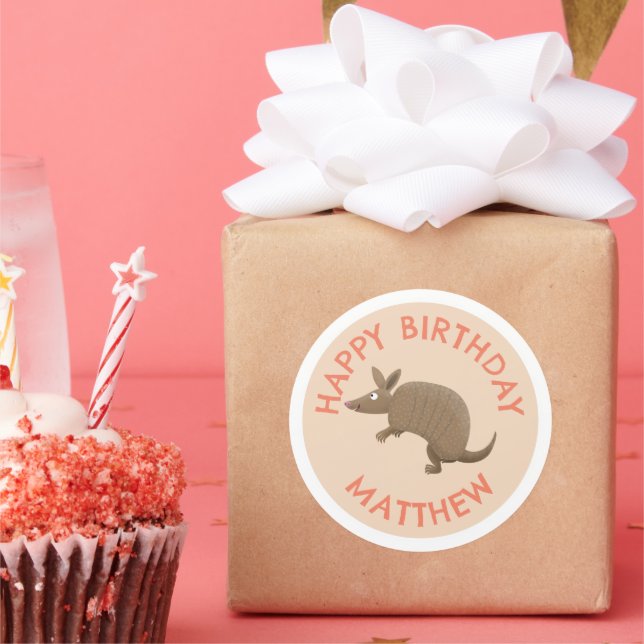 Personalized fun armadillo happy birthday cartoon classic round sticker (Party)