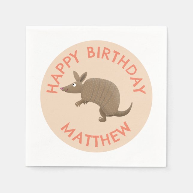 Personalized fun armadillo happy birthday cartoon napkin (Front)