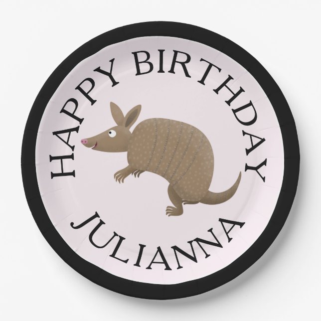 Personalized fun armadillo happy birthday cartoon paper plate (Front)