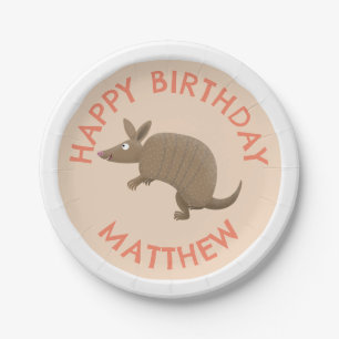 Personalized fun armadillo happy birthday cartoon paper plate