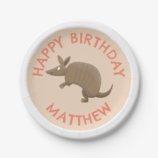 Personalized fun armadillo happy birthday cartoon paper plate (Front)