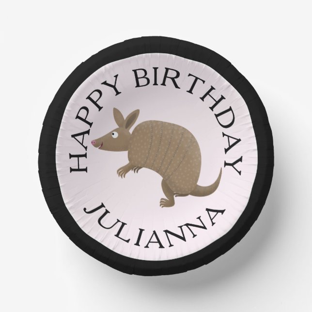 Personalized fun armadillo happy birthday cartoon paper plate (Front)