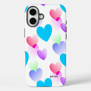 Personalized Fun, Colourful Gliding Hearts Pattern iPhone 16 Plus Case