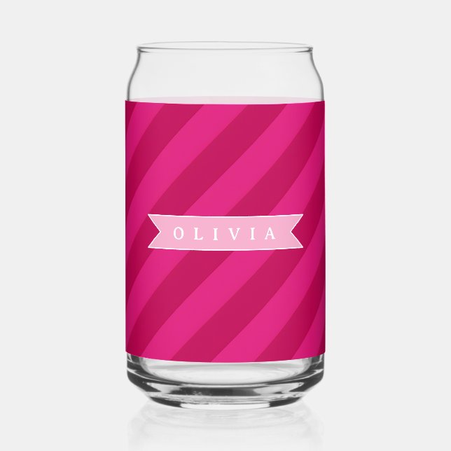 Personalized Fun Cute Modern Pink Stripe Can Glass (Front)