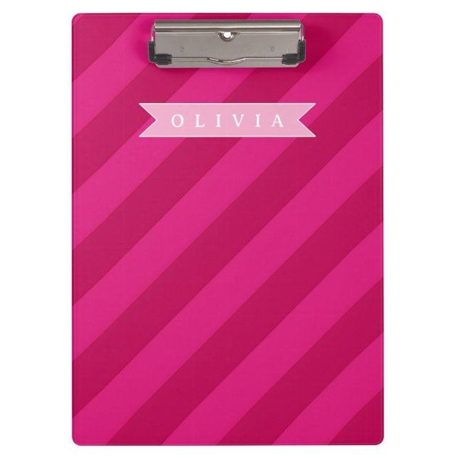 Personalized Fun Cute Modern Pink Stripe Clipboard (Front)