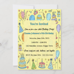 Personalized Fun Doodle Art Kids Birthday Party Invitation