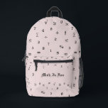 Personalized Fun Elegant Mathematical Symbols Pink Printed Backpack<br><div class="desc">The design is a fun typography one of the mathematical symbols, including decimal digits; Arabic numerals; arithmetic operators; and various equality, comparison, algebra, infinity symbols. It is a fun design that makes a thoughtful gift for the math lovers, students and teachers! For special requests or questions, contact the artist at...</div>