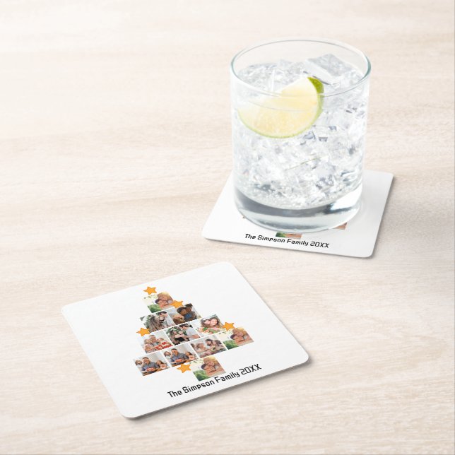 Personalized Fun Family Christmas 11 Photo Collage Square Paper Coaster (Insitu)