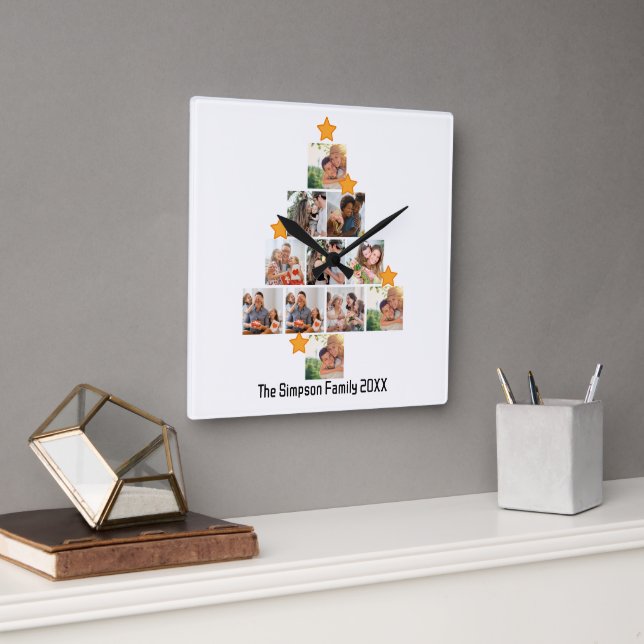 Personalized Fun Family Christmas 11 Photo Collage Square Wall Clock (Office)