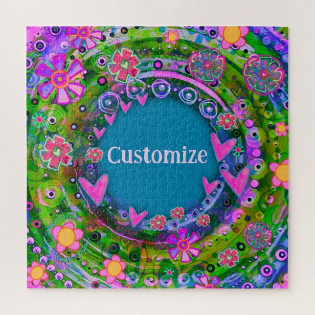 Personalized Fun Floral Hearts Name Jigsaw Puzzle (Vertical)