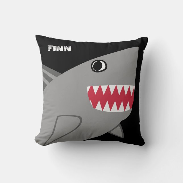 Personalized Fun Grey Shark on Black Throw Pillow (Front)