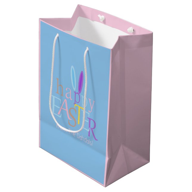 Personalized Fun Happy Easter Bunny Ears Blue Pink Medium Gift Bag (Front Angled)
