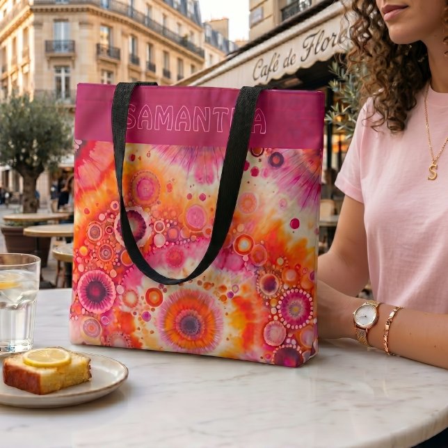 Personalized Fun Orange Hot Pink Batik Art Pattern Tote Bag (Creator Uploaded)